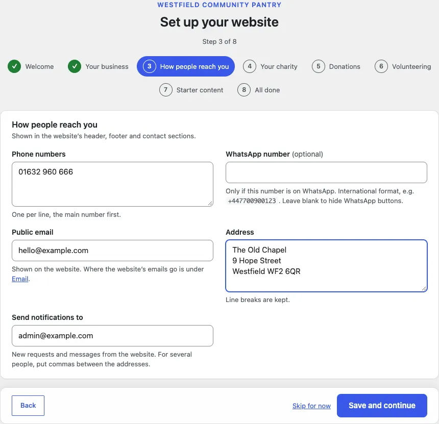 Step 3 of 8, How people reach you, with a phone number, a public email, the address The Old Chapel, 9 Hope Street, Westfield, and the Send notifications to box