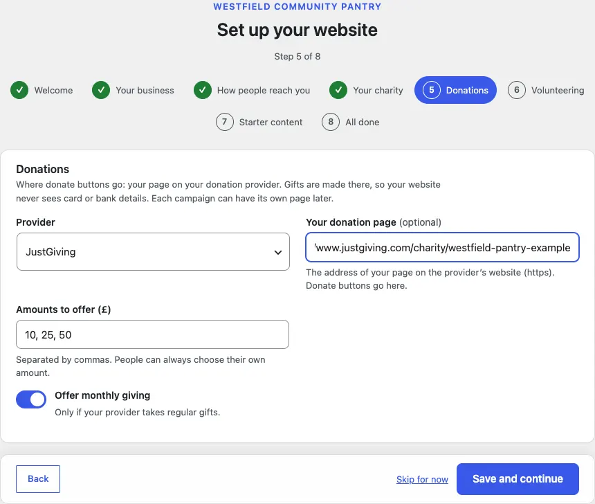 Step 5 of 8, Donations: Provider set to JustGiving, a JustGiving page address, amounts 10, 25, 50 and the Offer monthly giving switch on