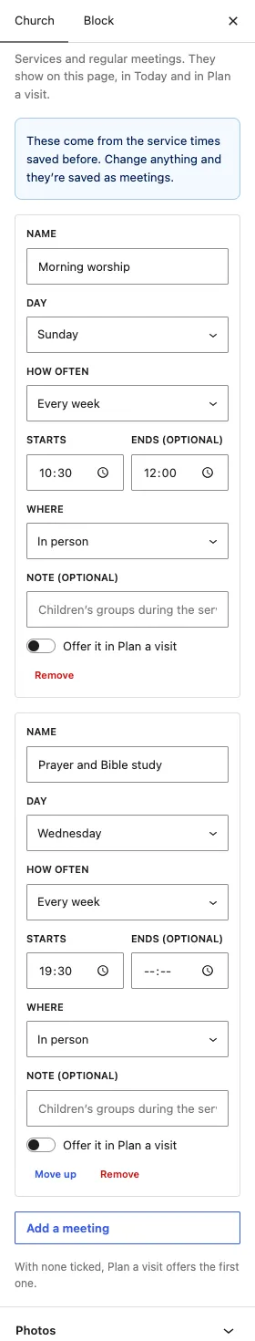 The Meeting times panel, showing two meetings: Morning worship on Sunday every week from 10:30 to 12:00 in person, and Prayer and Bible study on Wednesday every week at 19:30, each with a note box, an Offer it in Plan a visit switch and Remove, and an Add a meeting button