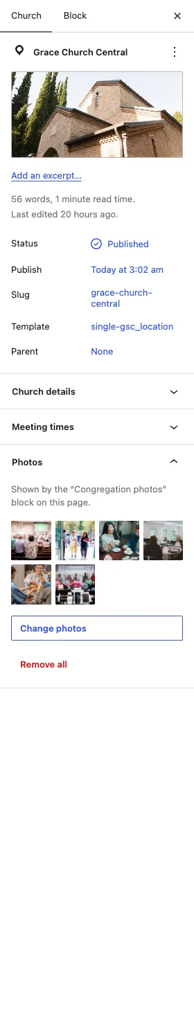 The Photos panel with six thumbnail photos, a Change photos button and Remove all