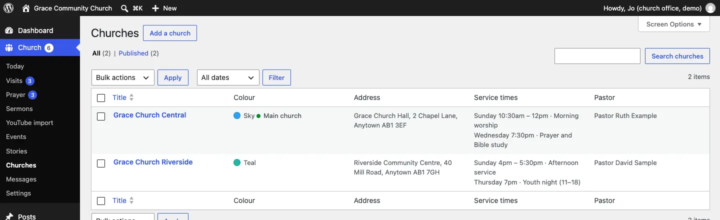 The Churches list, showing Grace Church Central (Sky, Main church, Sunday 10:30am Morning worship and Wednesday 7:30pm Prayer and Bible study, Pastor Ruth Example) and Grace Church Riverside (Teal, Sunday 4pm Afternoon service and Thursday 7pm Youth night, Pastor David Sample)