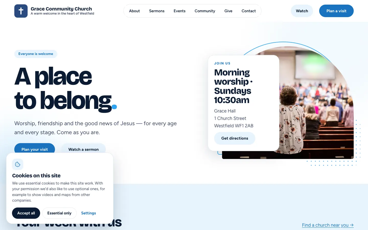 The sample Church home page with the cookie banner at the bottom left: "Cookies on this site. We use essential cookies to make this site work. With your permission we'd also like to use optional ones, for example to show videos and maps from other companies." with Accept all, Essential only and Settings buttons