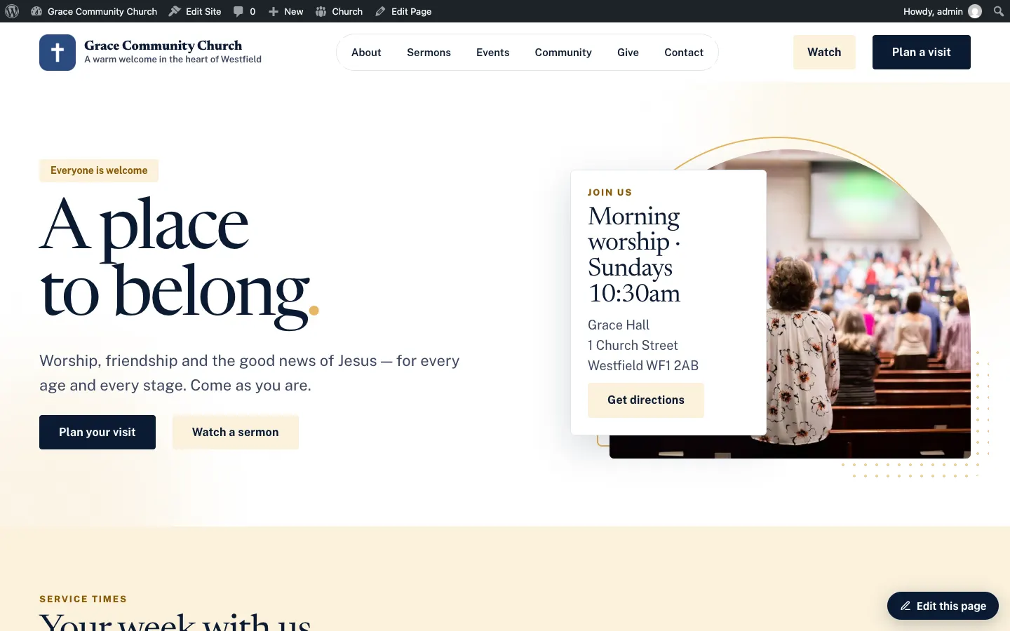 The home page previewed in a new tab in the Heritage design with the Gold palette, before saving