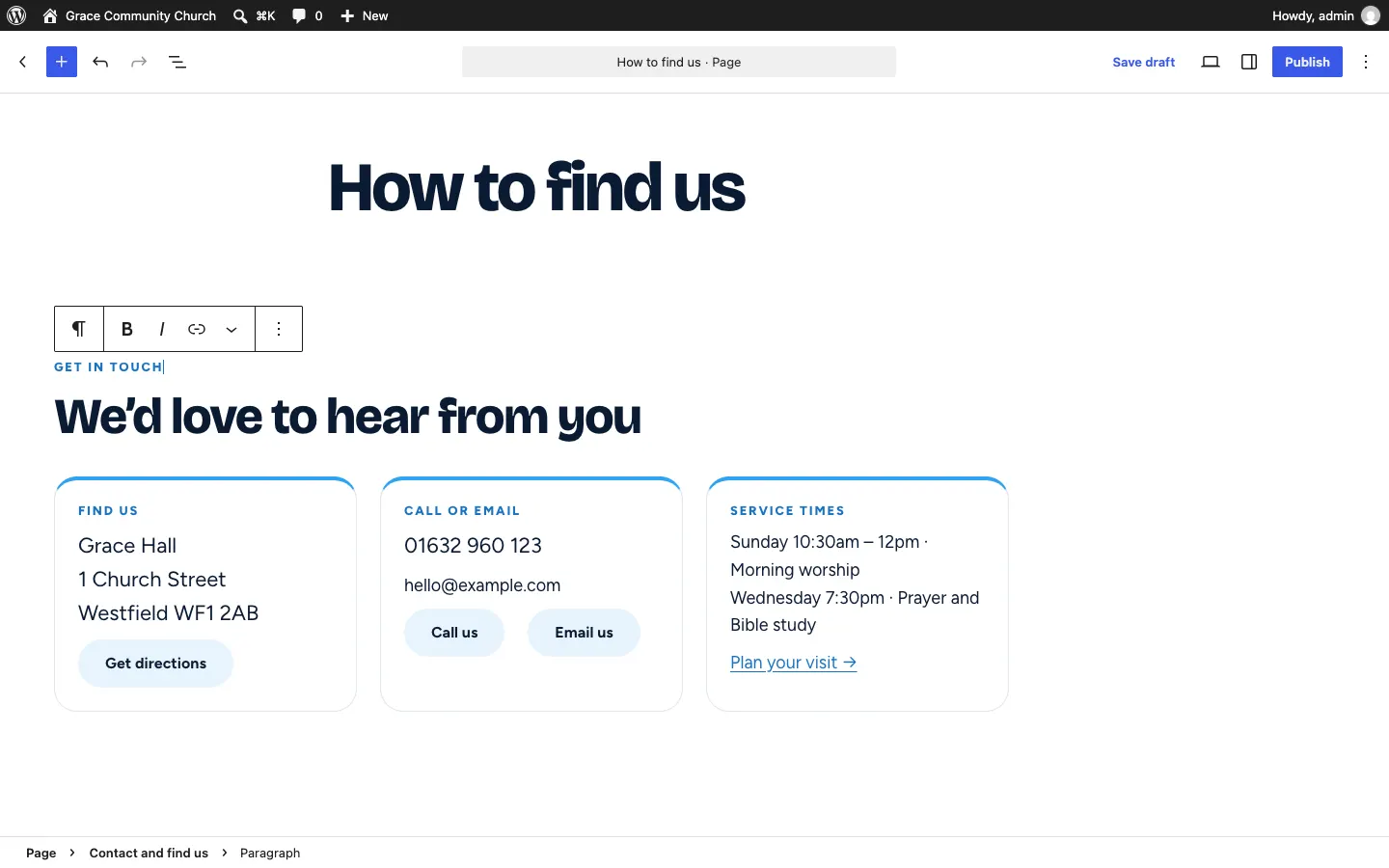 A page open in the editor with a paragraph selected: a small toolbar above it shows the paragraph, bold, italic and link buttons, and the address and contact details in the section fill themselves in from the settings