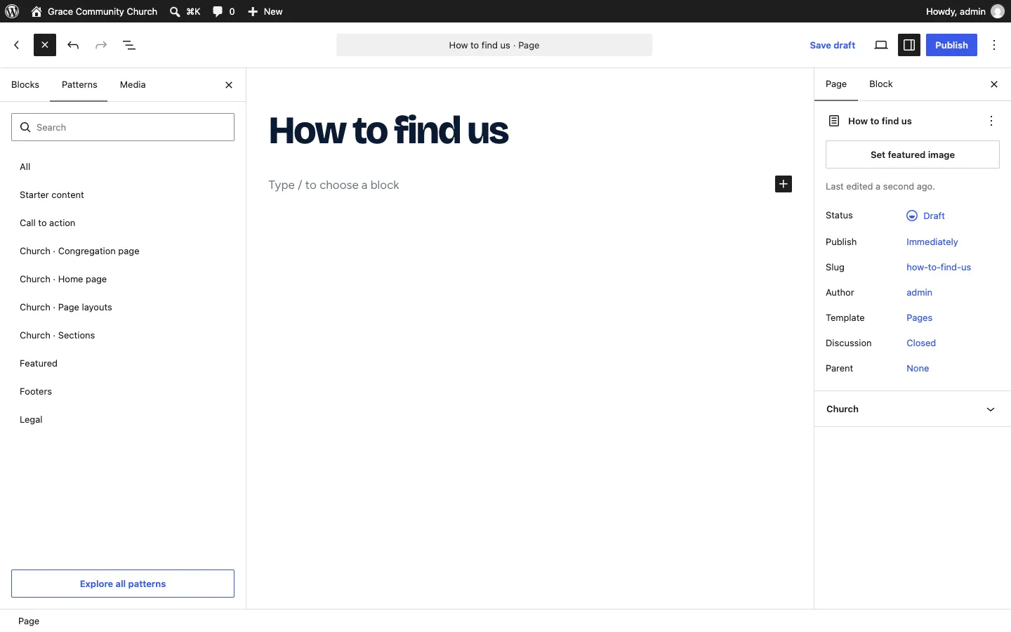 The Patterns tab listing All, Starter content, the Church kit's own categories ending in Page layouts and Sections, Footers and Legal, with an Explore all patterns button