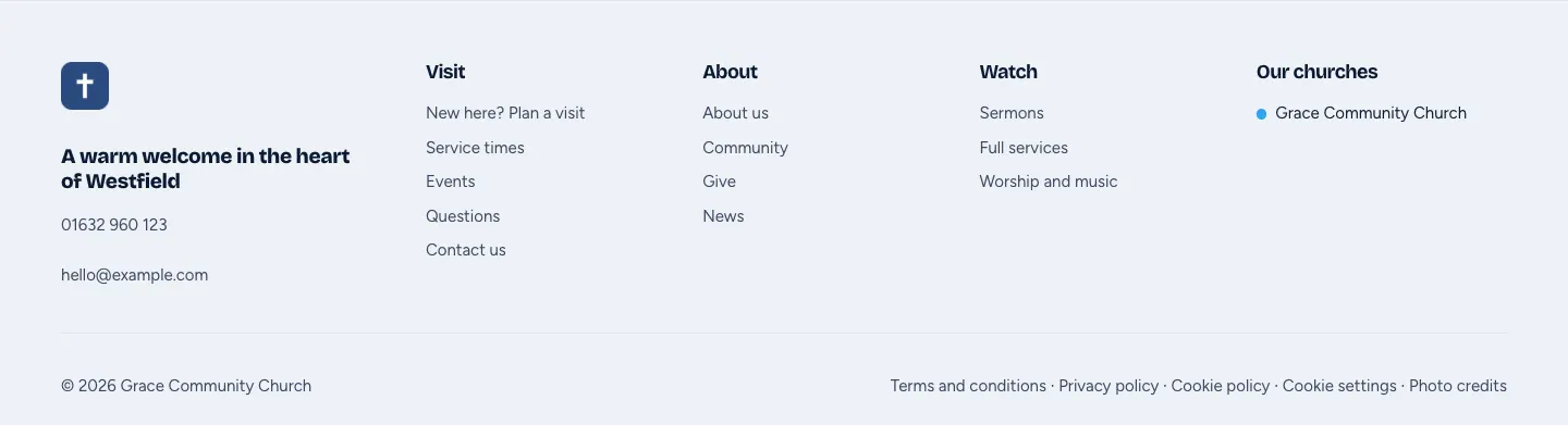 The footer of the sample Church website: the tagline and contact details, columns of links, and a bottom line with the © year and name and links to the legal pages and Cookie settings