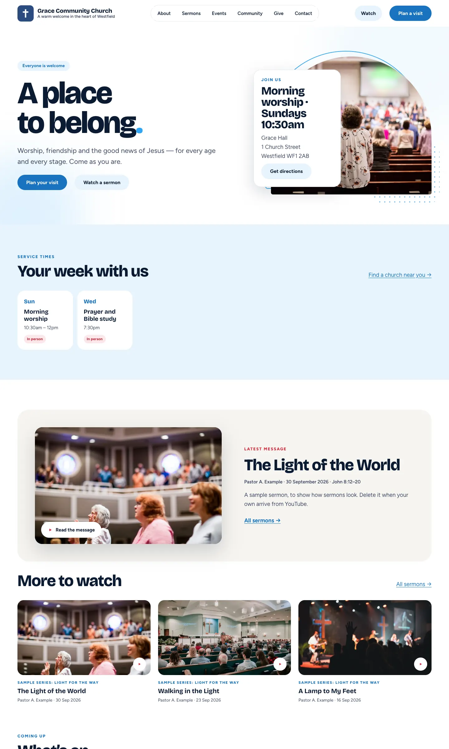 The sample Church website's home page after the wizard, in its starting design, with the sample logo, the main menu, a large heading and the sample photos