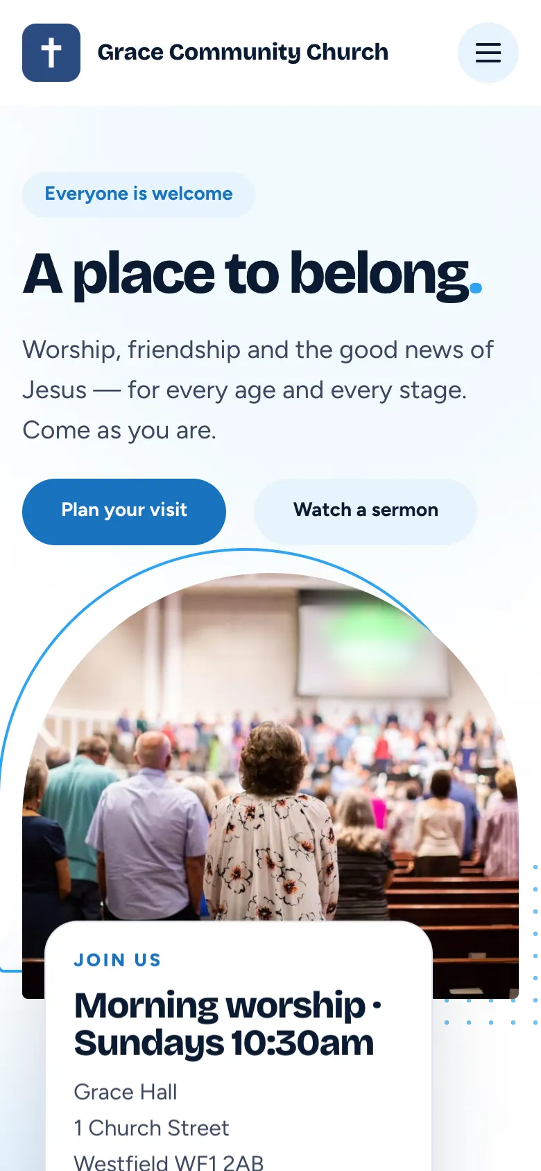 The sample Church home page on a phone, with the logo at the top left, a menu button at the top right, and the large heading below