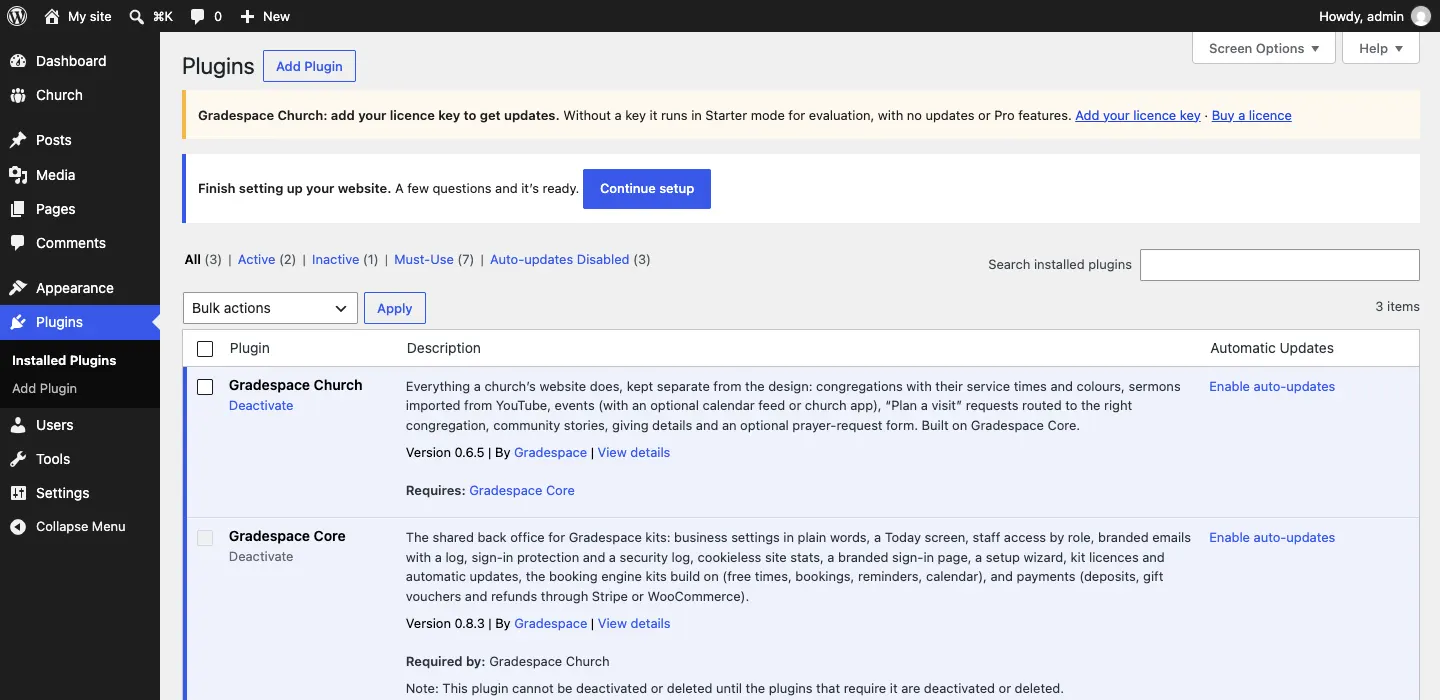 The Installed Plugins list showing Gradespace Church, "Requires: Gradespace Core", and Gradespace Core, "Required by: Gradespace Church", both active