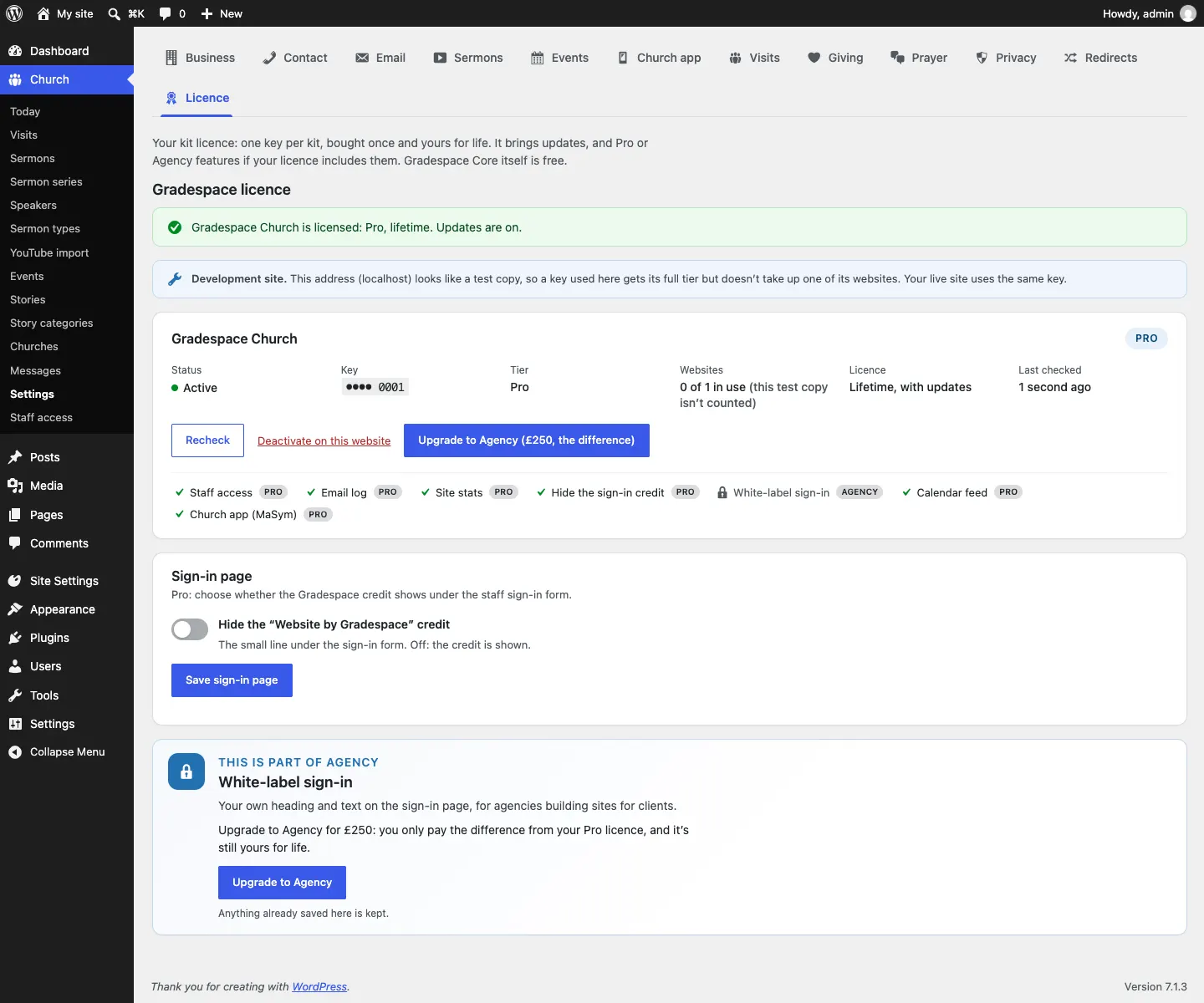 The Licence tab for Gradespace Clinic showing an active Pro licence with Recheck, Deactivate on this website and Upgrade to Agency (£250, the difference) buttons