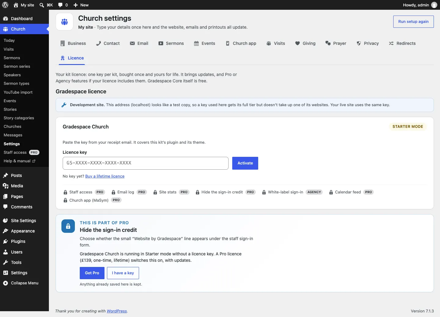 The Licence tab with the Gradespace Church card in Starter mode: an empty Licence key box showing GS-XXXX-XXXX-XXXX-XXXX, an Activate button, the link "No key yet? Buy a lifetime licence", and a row of locked features marked Pro or Agency
