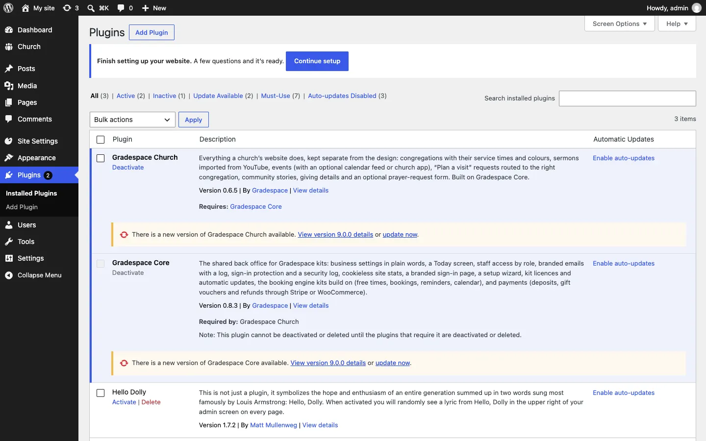 The Plugins screen with yellow lines under Gradespace Church and Gradespace Core: "There is a new version of Gradespace Church available. View version details or update now."