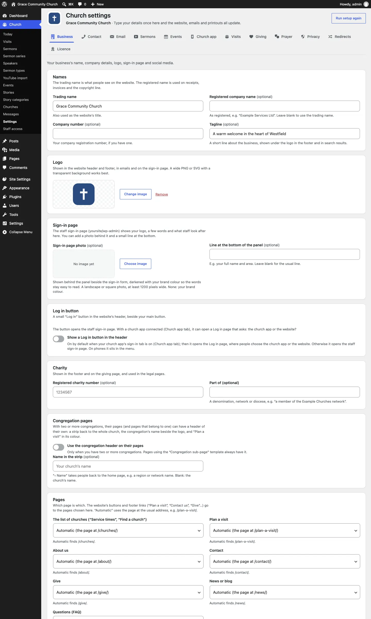 The whole Business tab: the Names card, the Logo card with the logo chosen, then the Sign-in page, Search and sharing and Social media cards, with Save changes at the bottom