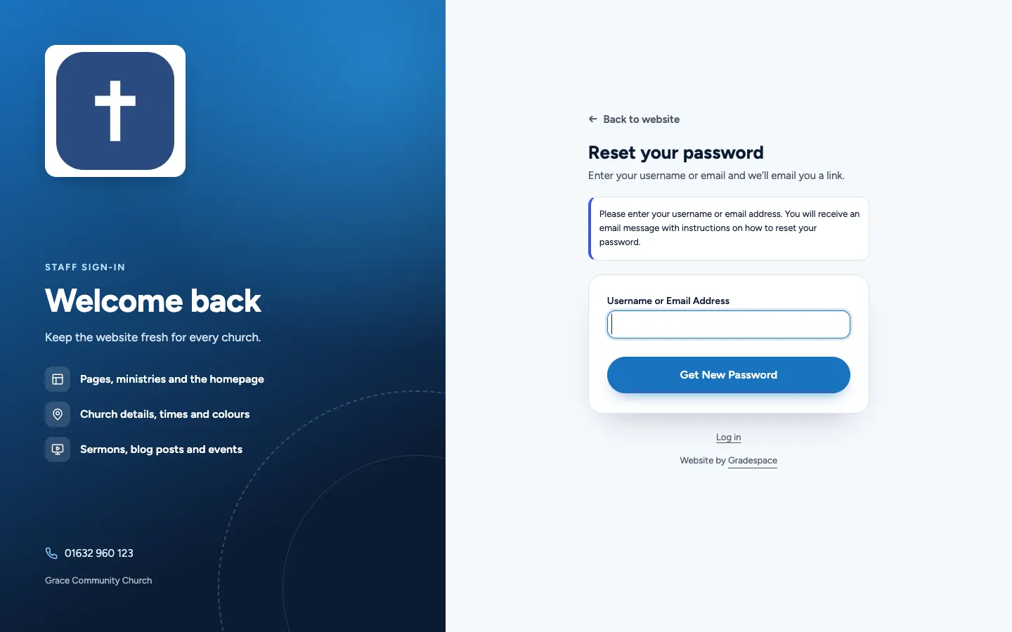 The Reset your password page: "Enter your username or email and we'll email you a link.", a Username or Email Address box, a Get New Password button and a Log in link
