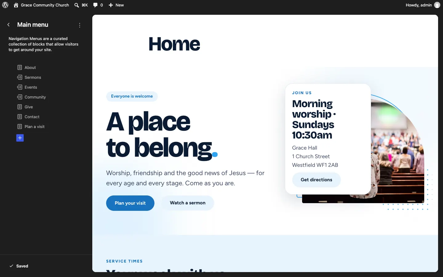 Navigation in the Site Editor: with only one menu, it opens the Main menu straight away, listing About, Sermons, Events, Community, Give, Contact and Plan a visit, with the home page on the right