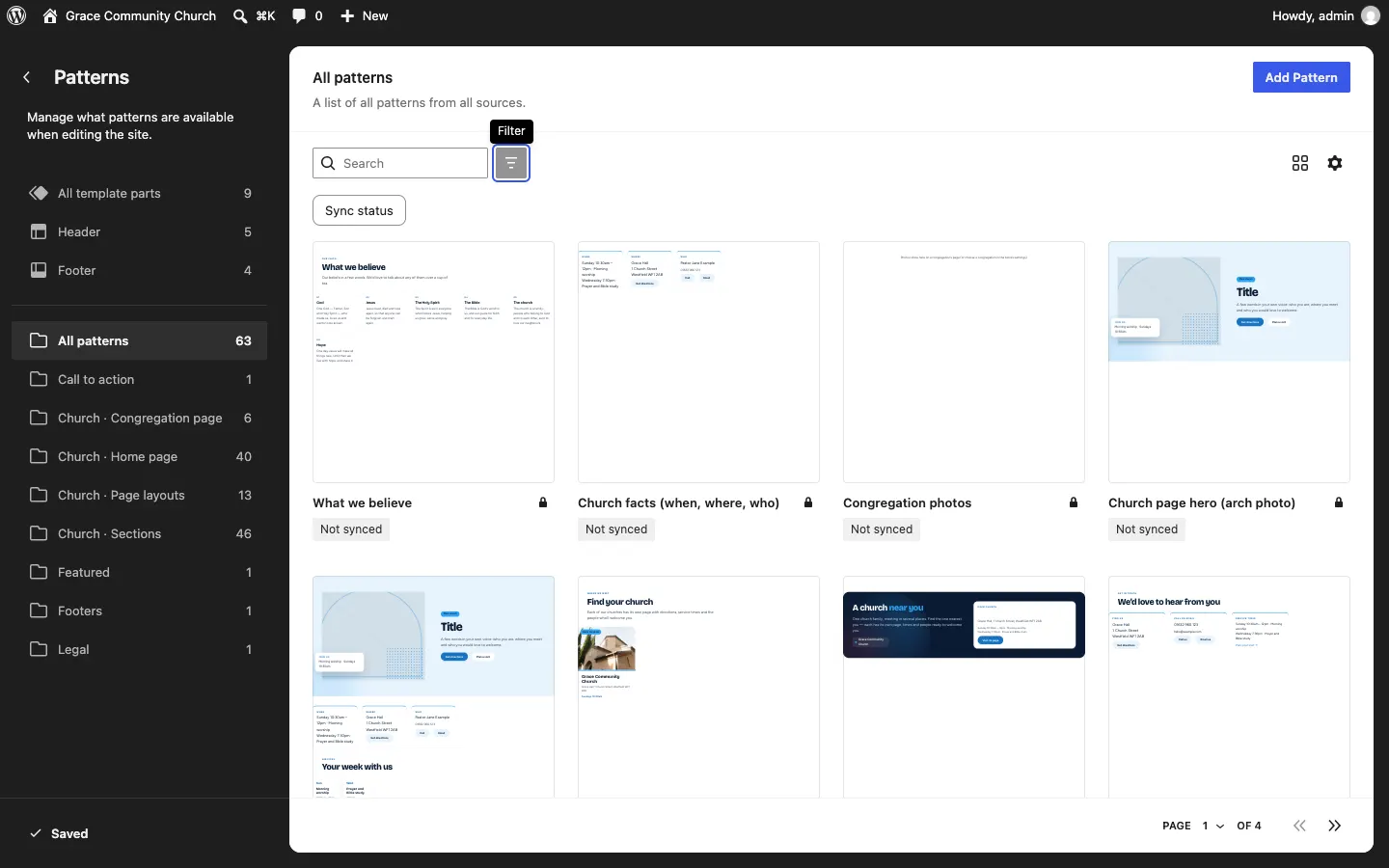 The Site Editor Patterns panel, with All template parts, Header and Footer at the top, then your kit's pattern categories