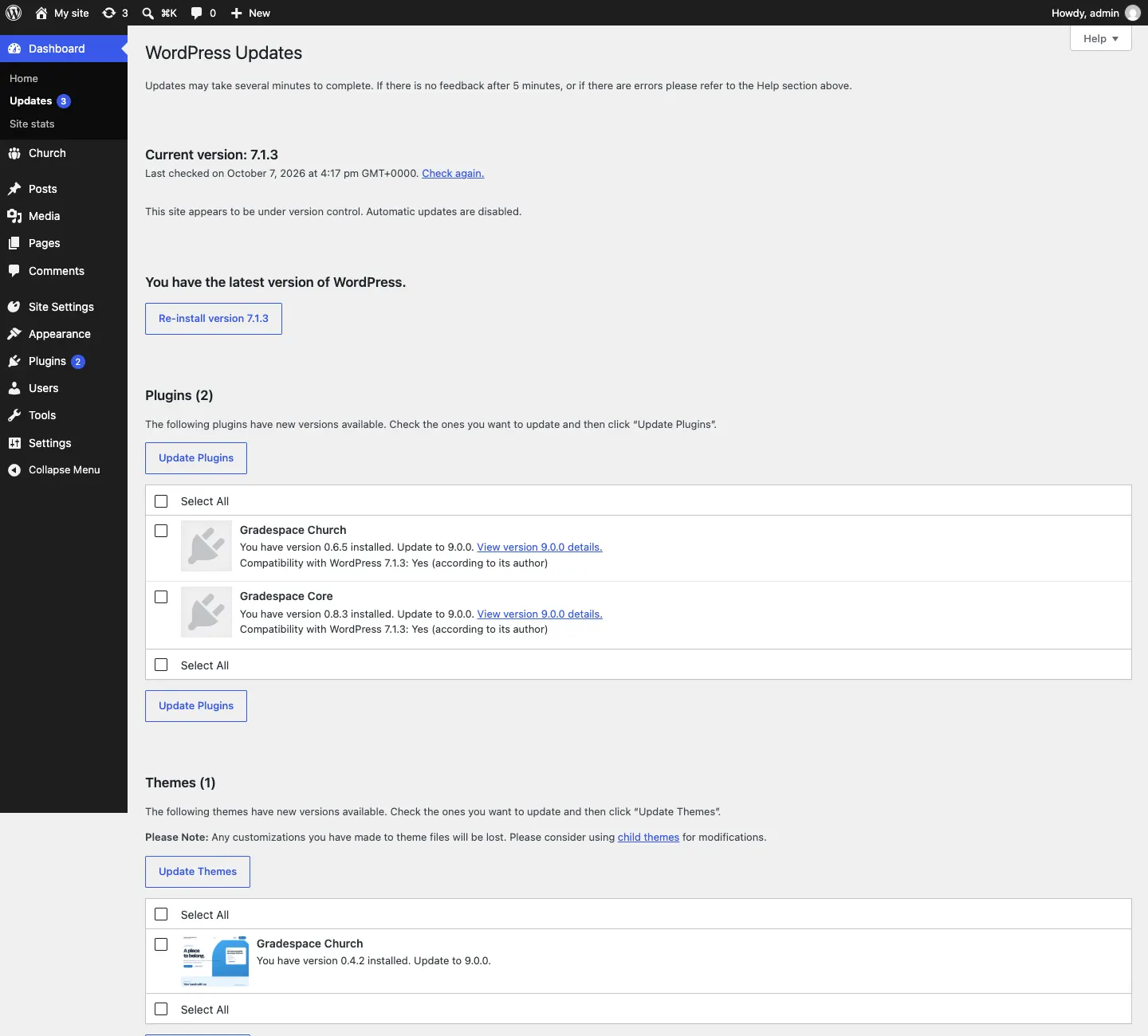 The WordPress Updates screen listing Gradespace Church and Gradespace Core under Plugins (2), each with "You have version … installed. Update to …" and a View details link, and the Gradespace Church theme under Themes (1), with Update Plugins and Update Themes buttons