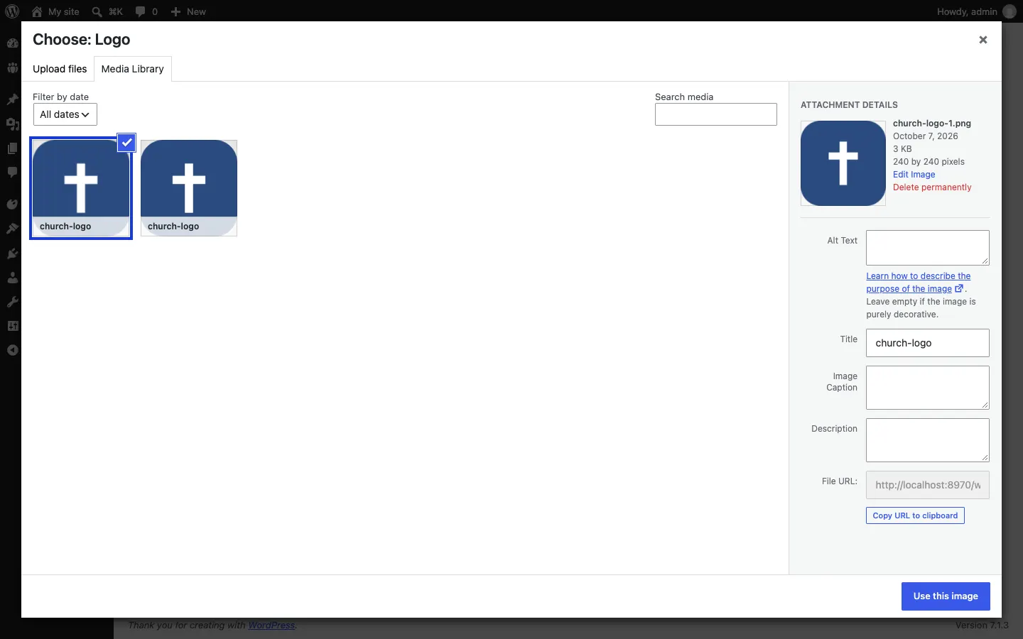 The media library opened from the wizard, titled "Choose: Logo", with the uploaded sample logo selected, its Attachment details on the right and a Use this image button at the bottom right