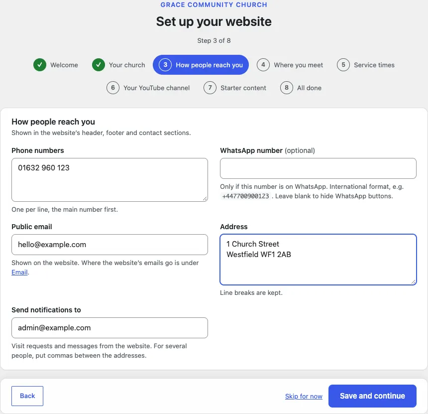 Step 3 of 8, How people reach you, with a phone number, hello@example.com, the address 1 Church Street, Westfield WF1 2AB, and the Send notifications to box