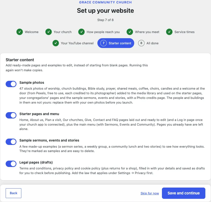 Step 7 of 8, Starter content, with switches for Sample photos, Starter pages and menu, Sample sermons, events and stories, and Legal pages (drafts), all switched on