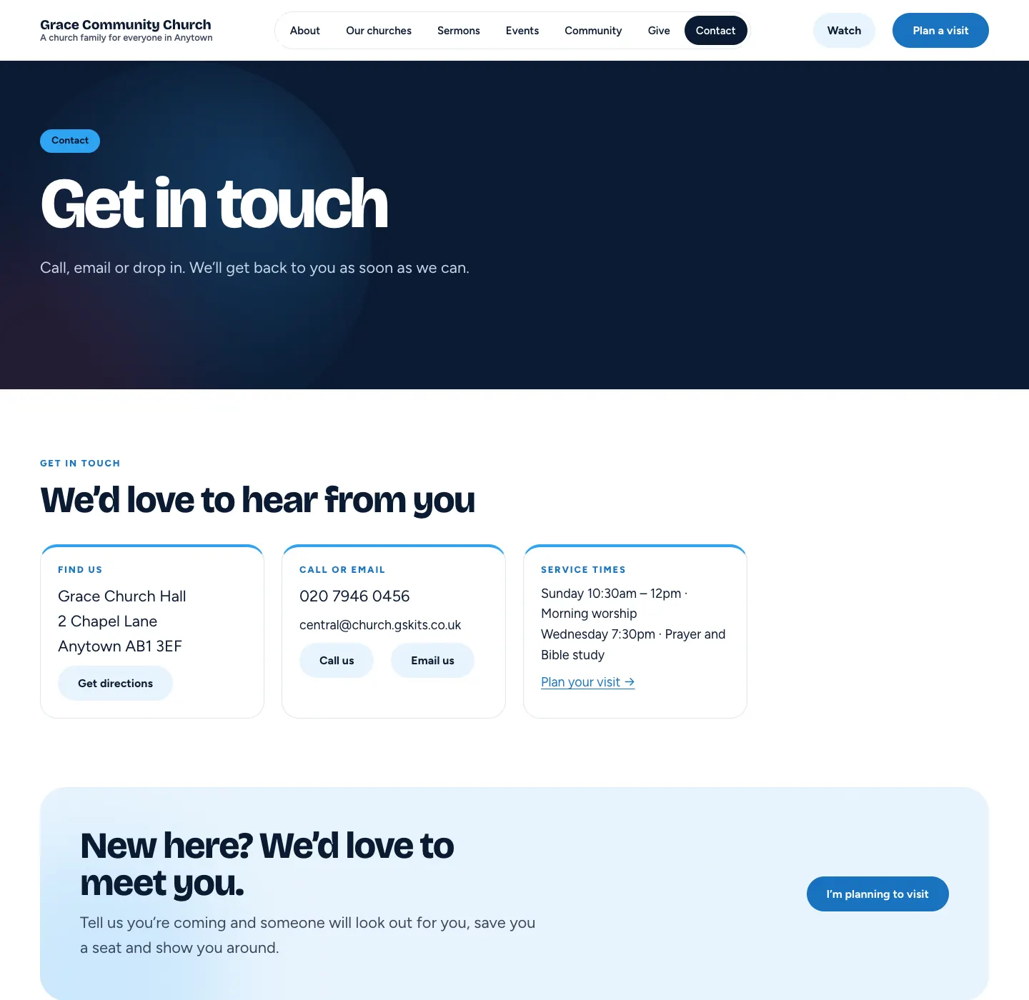 The Contact page: "Get in touch", Find us with the Grace Church Hall address and Get directions, Call or email with the phone number and email, the service times, and a "New here?" box with an I'm planning to visit button