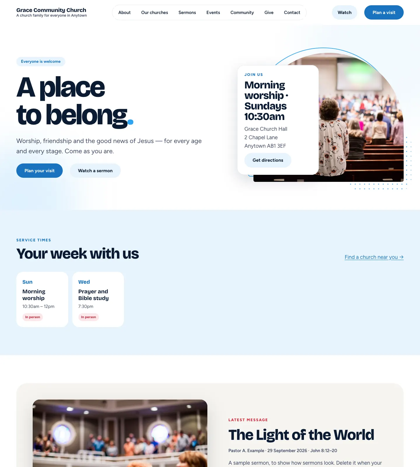 The Gathering design's home page: white background, big bold "A place to belong" headline, blue rounded buttons, the next service card beside a photo of a congregation, then the week's service times and the latest sermon