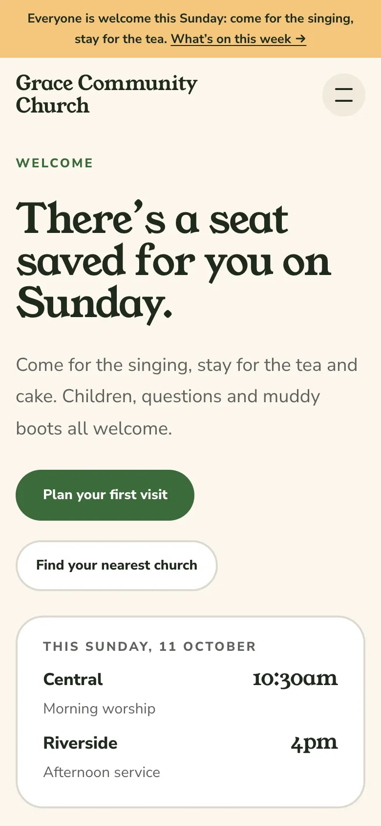 The Parish design on a phone, with its notice bar, the church name and menu button, and the first photo-led section