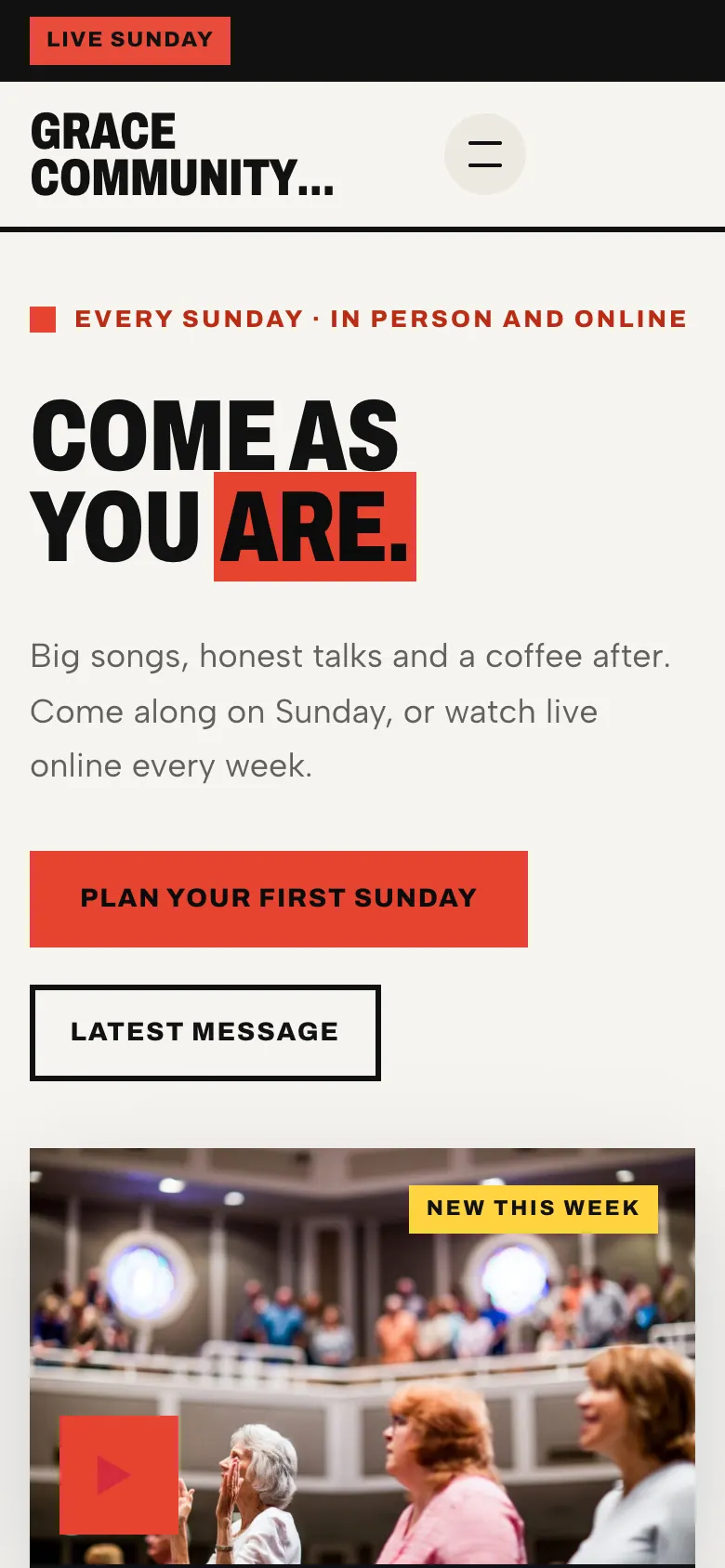 The Pulse design on a phone: the black Live Sunday bar, the church name in capitals and the big headline