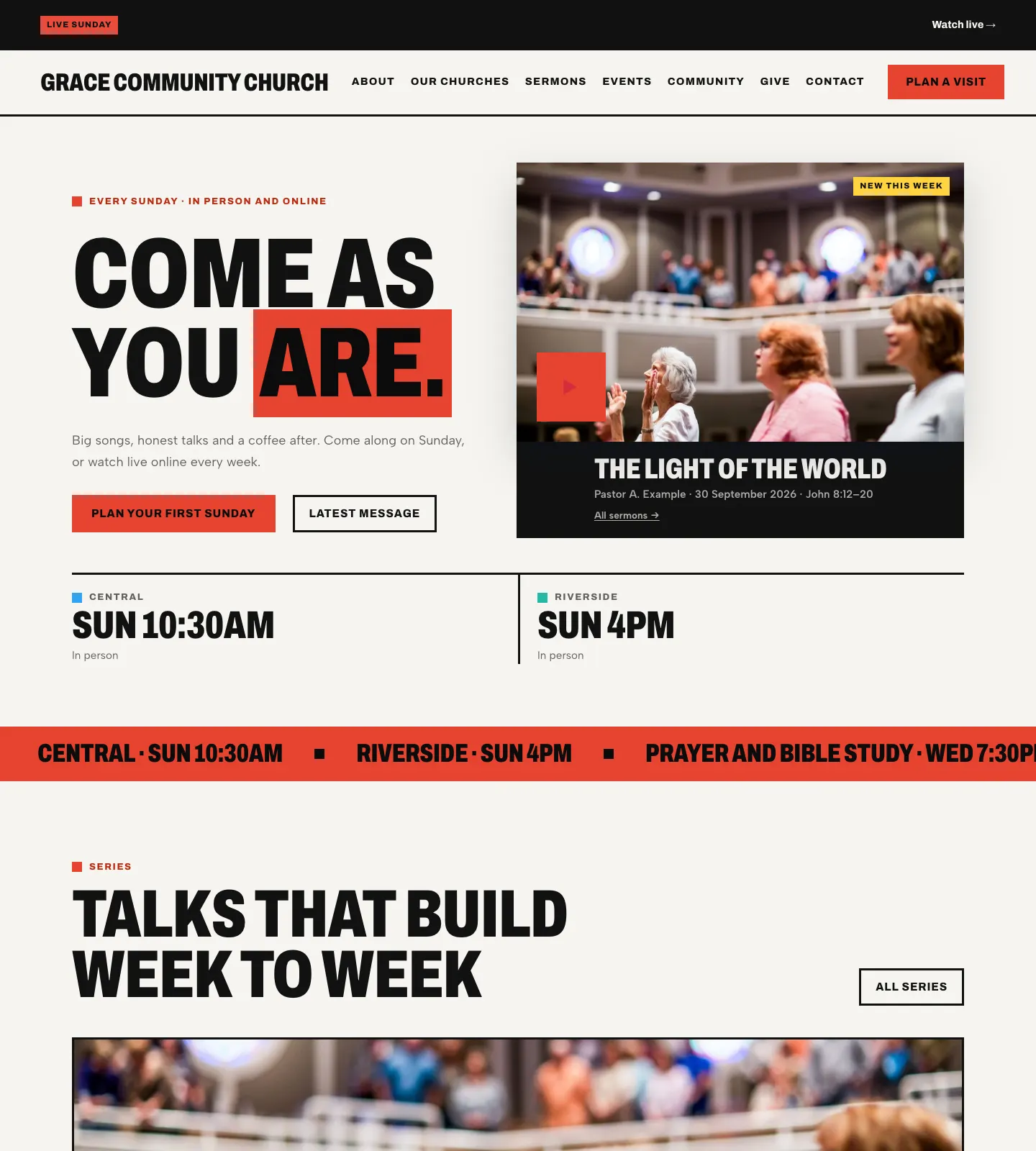 The Pulse design's home page: a black bar with "Live Sunday" and Watch live, the headline "Come as you are." in tall capitals with a red highlight, the latest message with a red play button, each church's Sunday time and a red ticker of service times