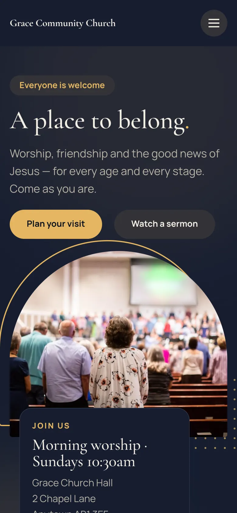 The Sanctuary design on a phone: dark background, serif headline and gold button stacked in one column