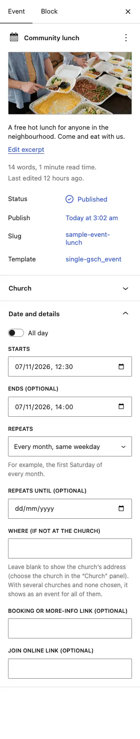 The Date and details panel for Community lunch: starts 07/11/2026 12:30, ends 14:00, Repeats: Every month, same weekday, with the example "For example, the first Saturday of every month", and the Where, Booking and Join online boxes empty