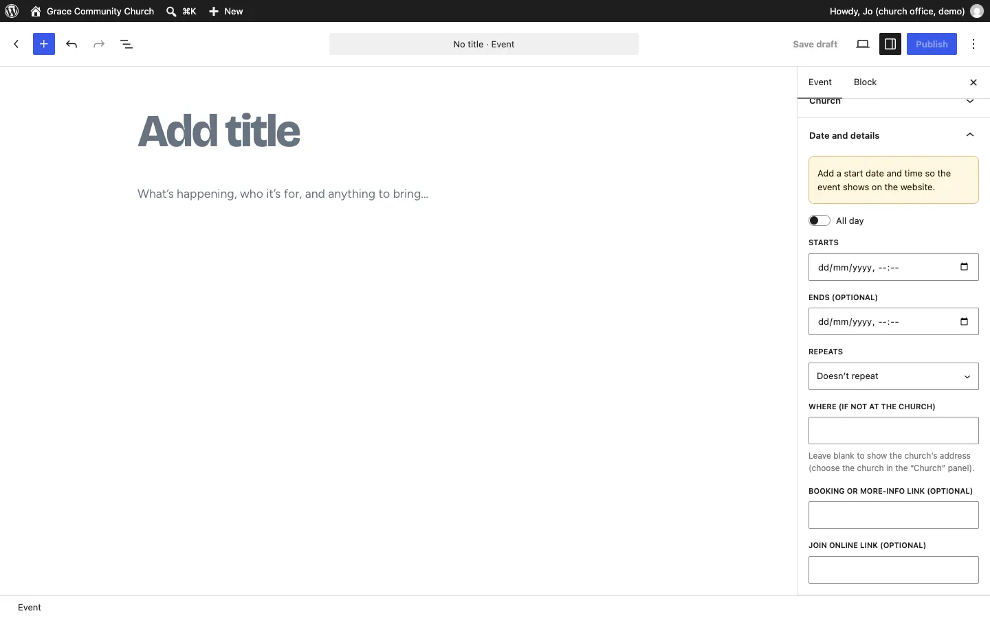A new event in the editor: the Add title box, the text "What's happening, who it's for, and anything to bring…", and the Date and details panel with All day, Starts, Ends, Repeats, Where, Booking or more-info link and Join online link