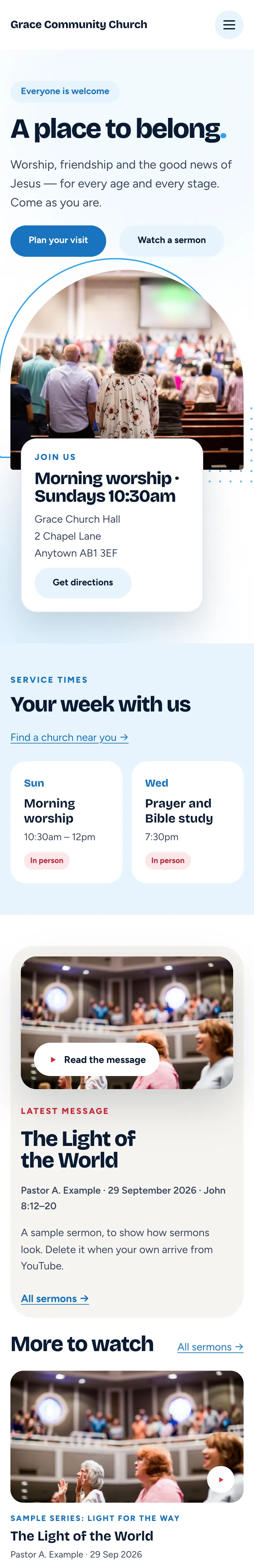 The Gathering home page on a phone, with the church name, a menu button, the headline "A place to belong", the Plan your visit button and the service times stacked underneath