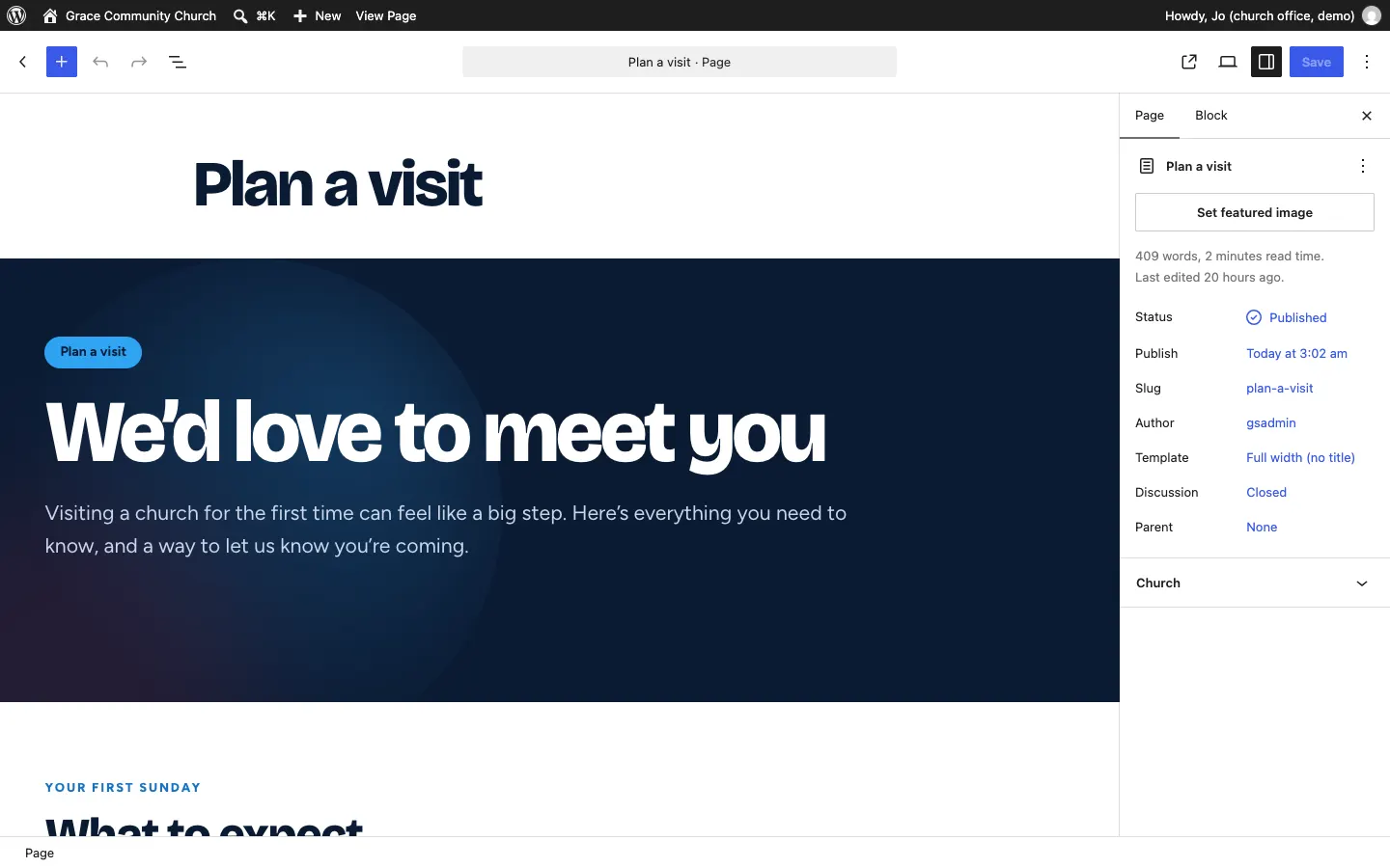 The Plan a visit page open in the page editor, with its dark heading section "We'd love to meet you" and the Page sidebar showing its template and the Church panel
