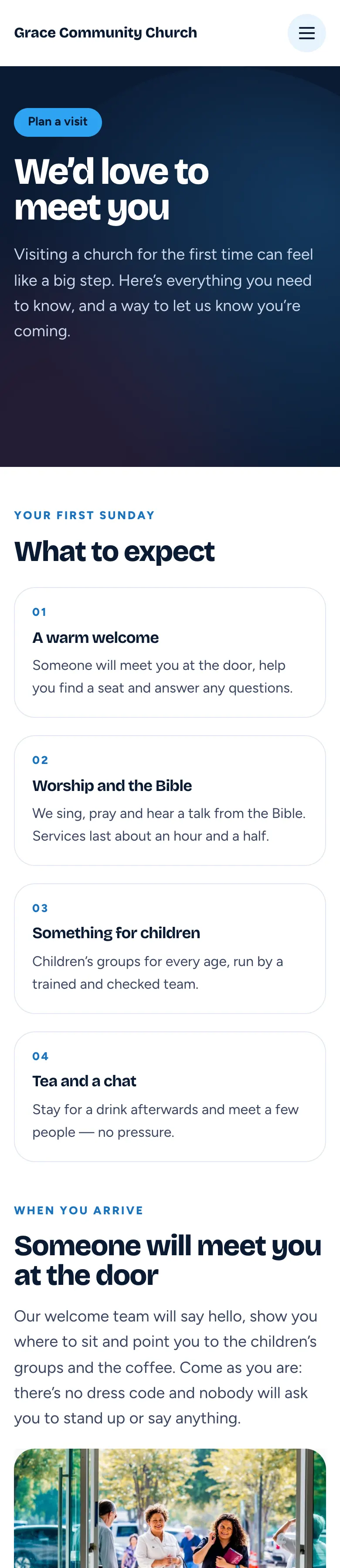The Plan a visit page on a phone: the "We'd love to meet you" heading, What to expect cards, and the form further down