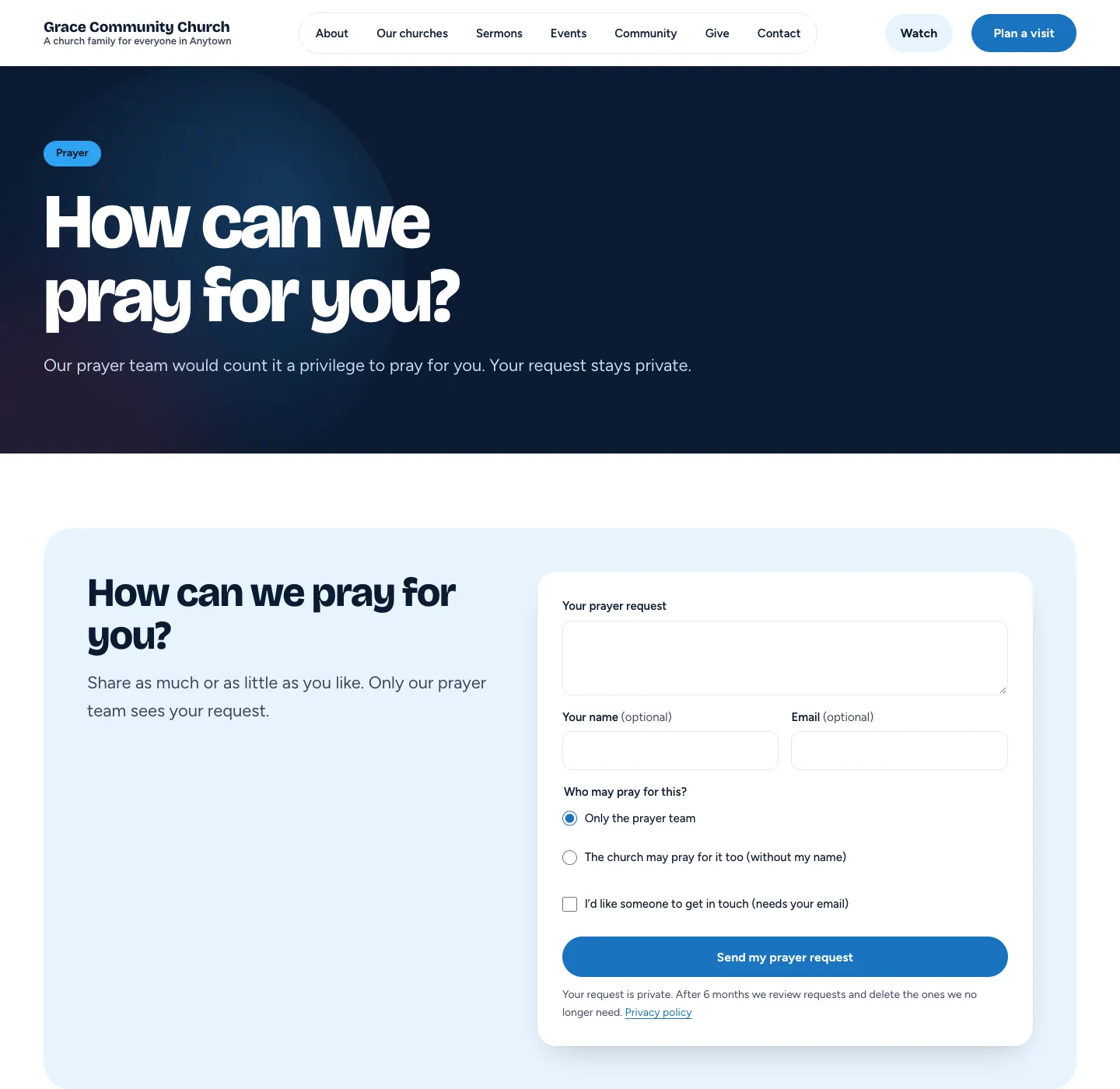 The Prayer page: "How can we pray for you?" with the prayer request form, the choice of who may pray, the get in touch tick box and the Send my prayer request button