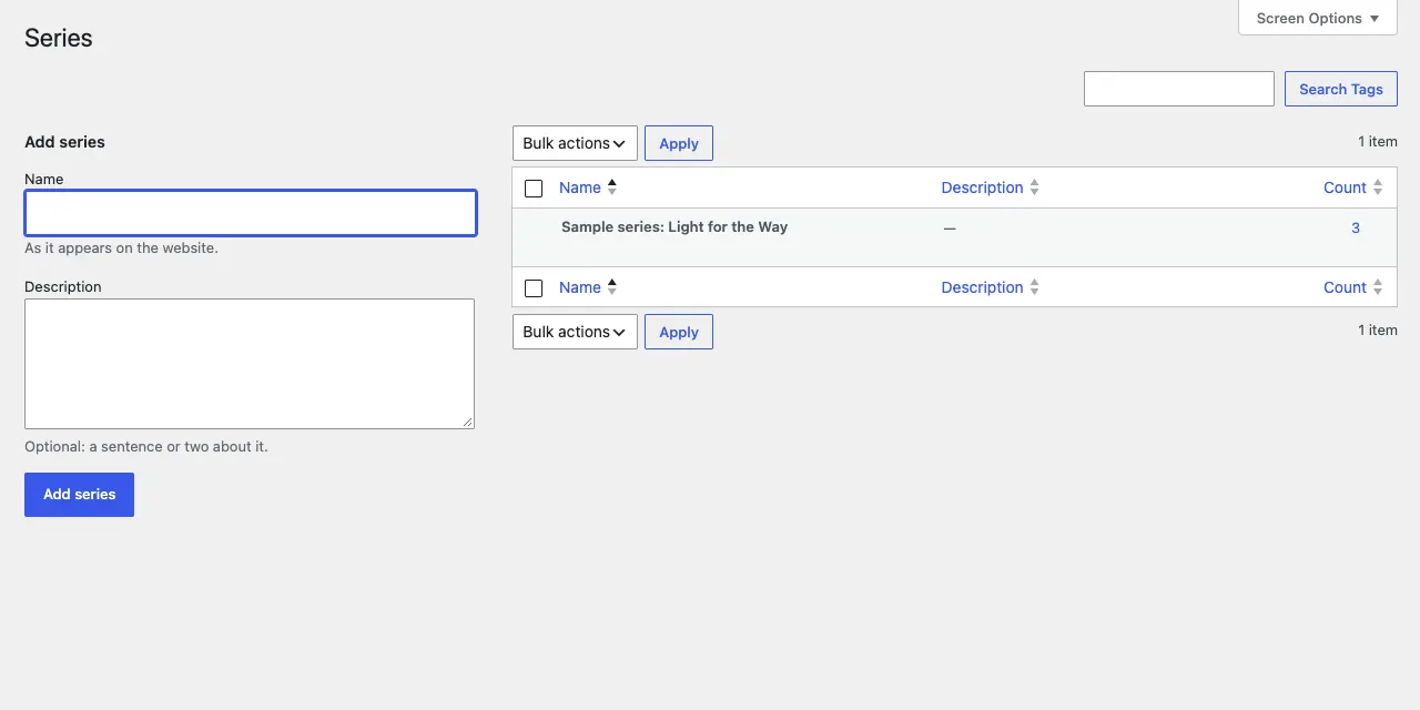 The Series screen, with the Add series form on the left (Name and Description) and Sample series: Light for the Way in the list with 3 sermons