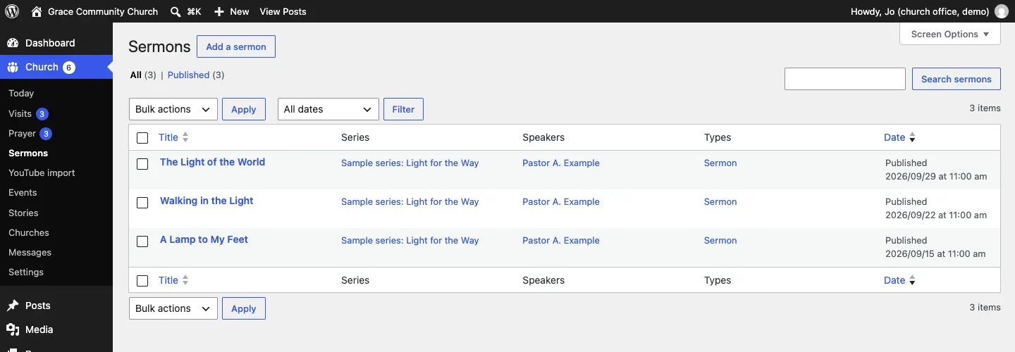 The Sermons list, showing The Light of the World, Walking in the Light and A Lamp to My Feet, all in Sample series: Light for the Way, by Pastor A. Example, type Sermon