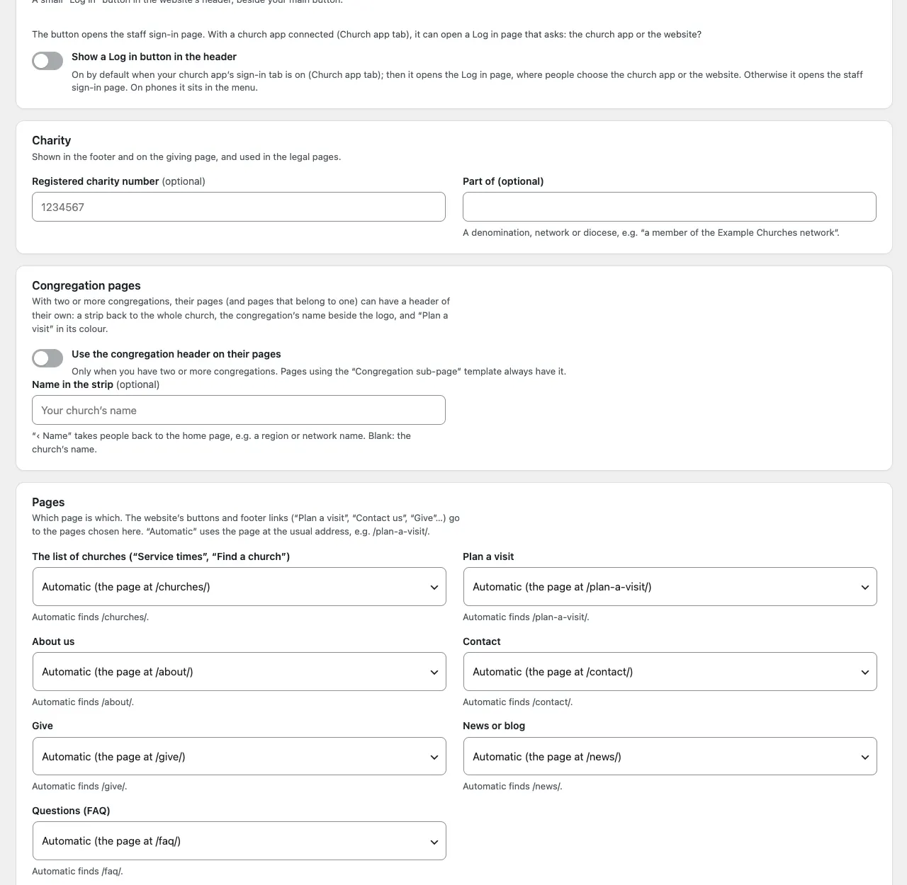 Further down the Business tab: Log in button, Charity with the registered charity number, Congregation pages with the congregation header switch, and Pages with a list for each page role set to Automatic