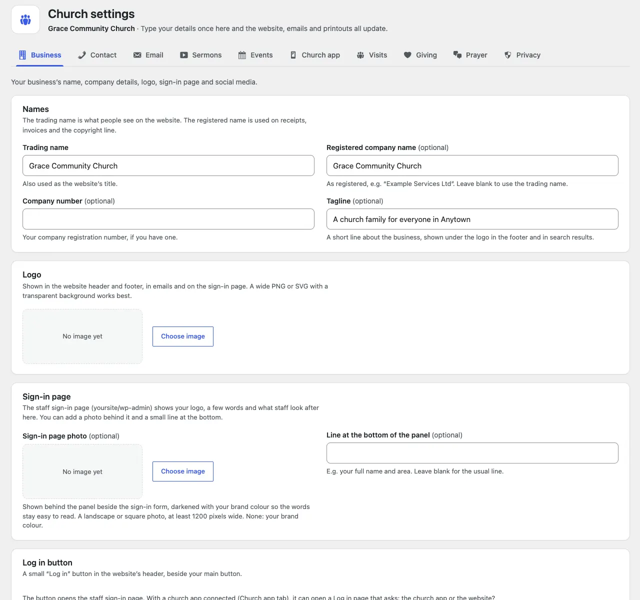 The top of the Business tab: Names, Logo and Sign-in page