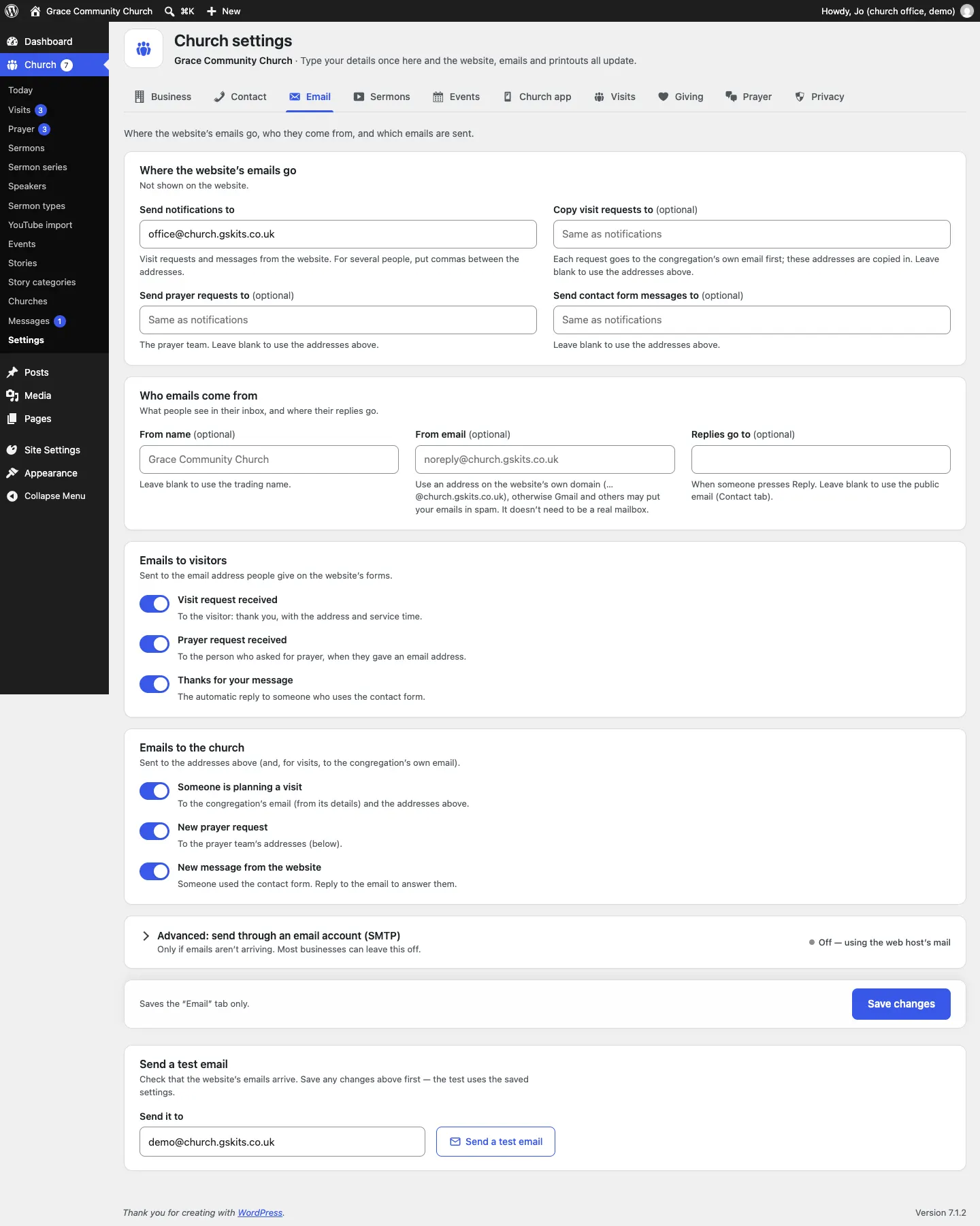 The Email tab: Send notifications to, Copy visit requests to, Send prayer requests to and Send contact form messages to, the From name, From email and Replies go to boxes, switches for each email to visitors and to the church, the SMTP option and Send a test email
