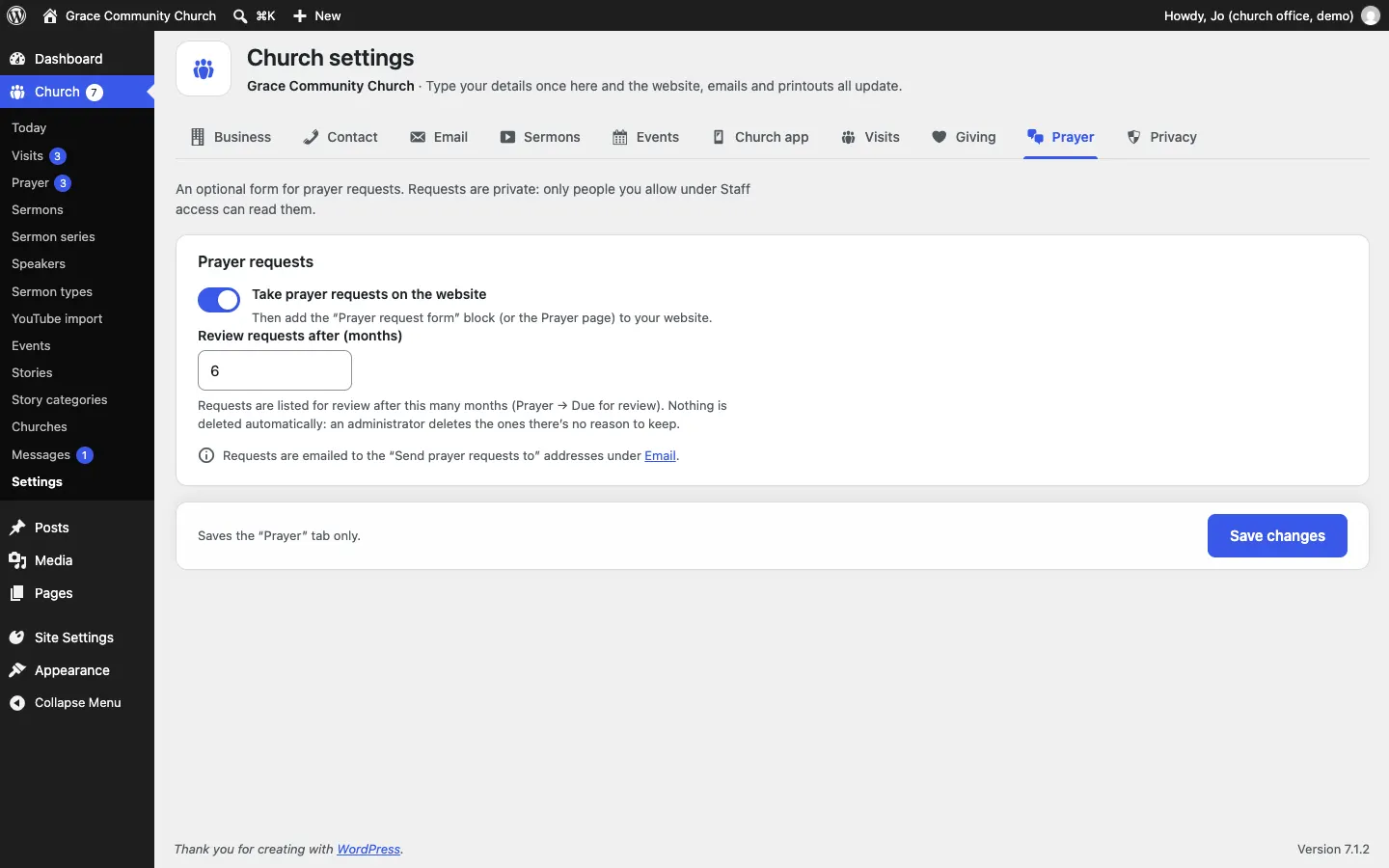The Prayer tab of Church settings, with the Take prayer requests on the website switch, Review requests after (months), and a note that requests are emailed to the Send prayer requests to addresses under Email