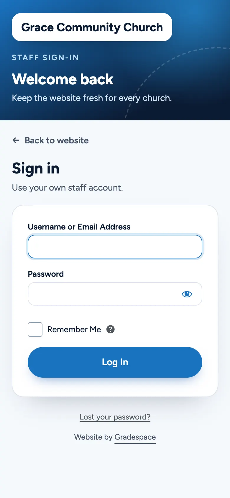 The staff sign-in page on a phone: a blue banner with the church name and "Welcome back", then Back to website and the sign-in form