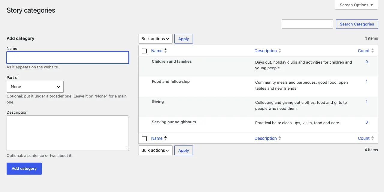 The Story categories screen: the Add category form with Name, Part of (None) and Description, and the list of Children and families, Food and fellowship, Giving and Serving our neighbours with their descriptions and counts