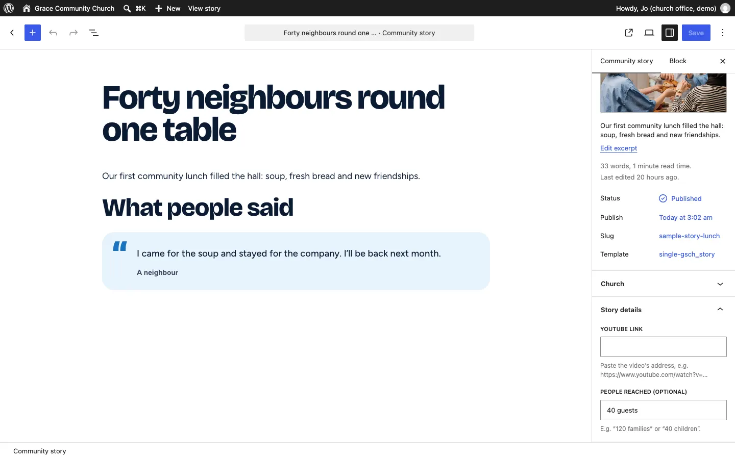A community story open in the editor, with its title, text and the sidebar showing the Church and Story details panels