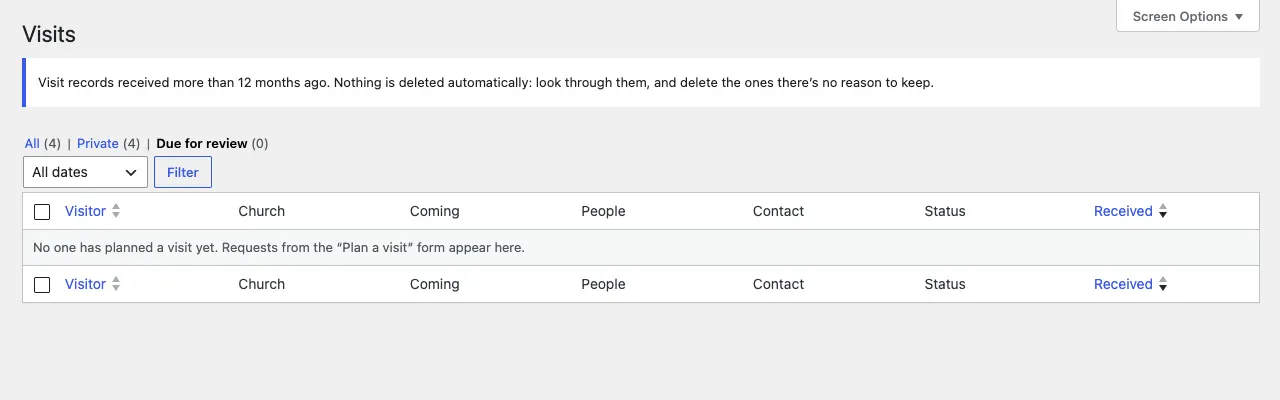 The Due for review view of Visits, explaining "Visit records received more than 12 months ago. Nothing is deleted automatically", with the All, Private and Due for review links