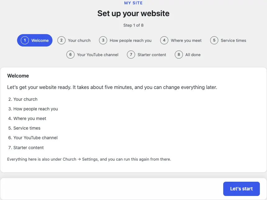 Step 1 of 8, Welcome: "Let's get your website ready. It takes about five minutes" with the numbered list of the steps ahead and a Let's start button