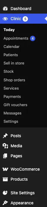 The Clinic menu on the left of the admin, with Today, Appointments (with a red 4), Calendar, Patients, Sell in store, Stock, Shop orders, Services, Payments, Gift vouchers, Messages and Settings