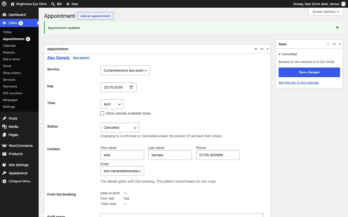 The appointment after cancelling, with the notice Appointment updated and the status Cancelled