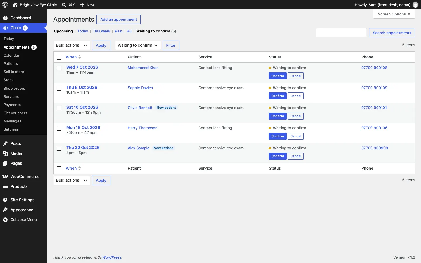 The Appointments list filtered to Waiting to confirm, showing the requests with their dates, patients, services and Confirm and Cancel buttons